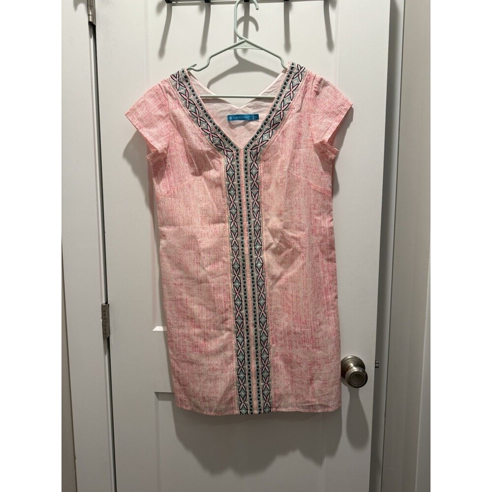 Tori Richard Women’s Dress Size 2 Pink Resort Embroidered V-Neck Hawaiian
